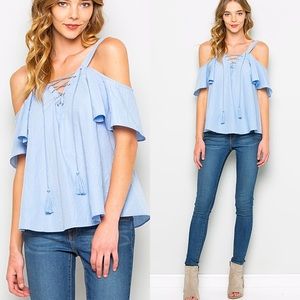 Baby Blue Cold Shoulder Ruffle Sleeve Tie Up Top